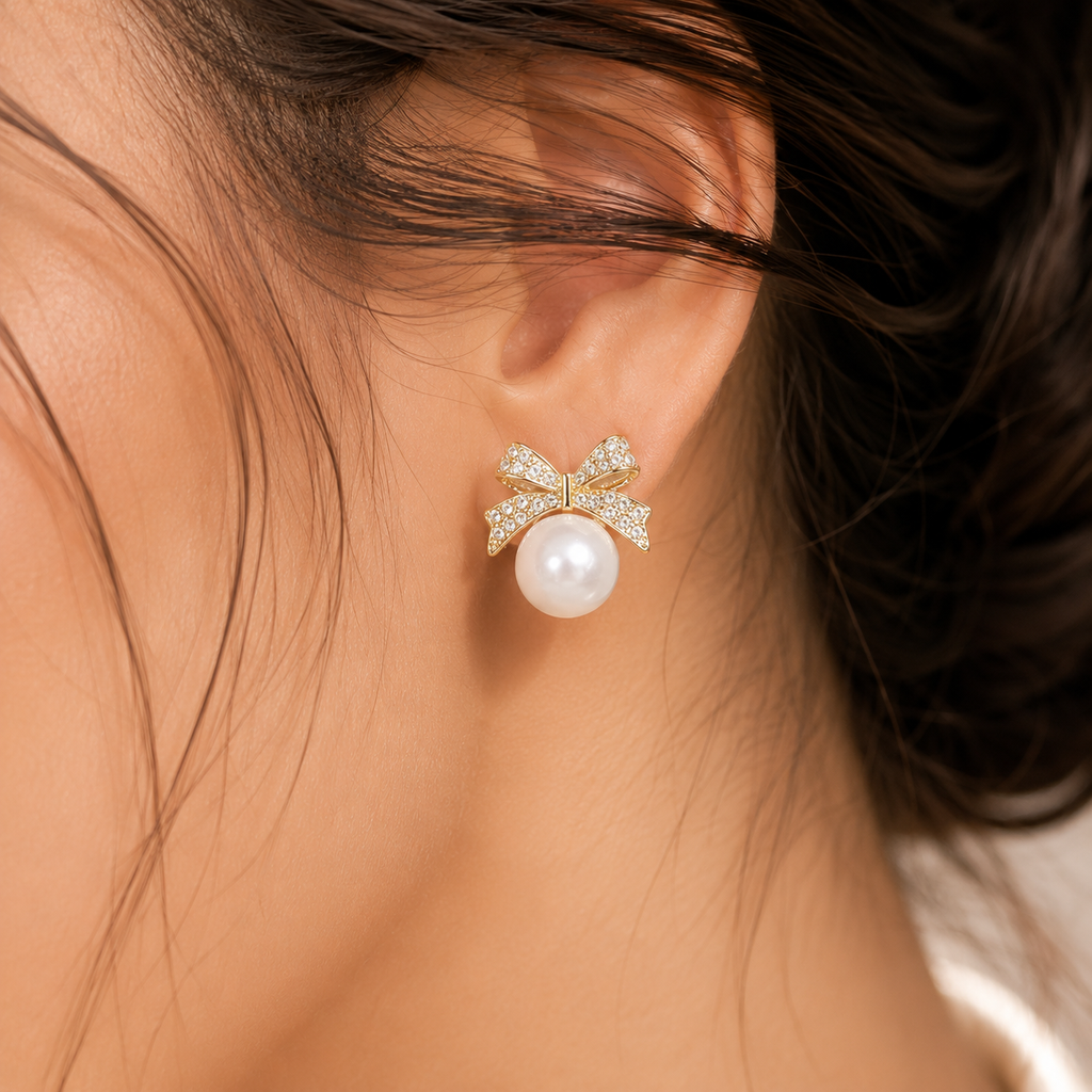 Elegant pearl earring with crystal bow, anti-tarnish gold-tone stud for women's everyday luxury