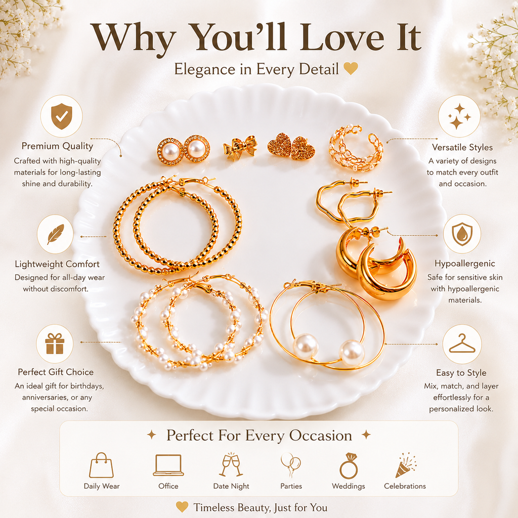 Elegant gold hoop earrings with pearls, anti-tarnish & hypoallergenic for daily wear or special occasions