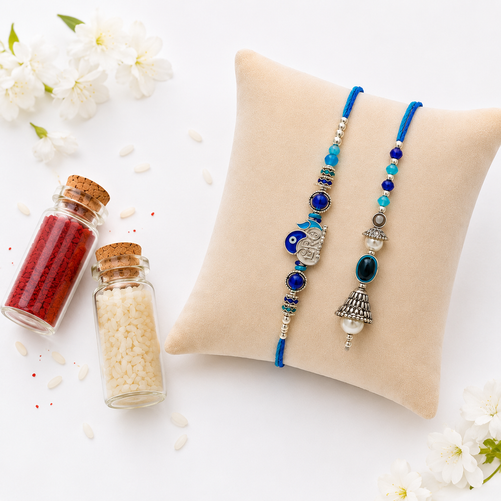 Premium Om Evil Eye Rakhi & Oxidized Jhumki Lumba Set