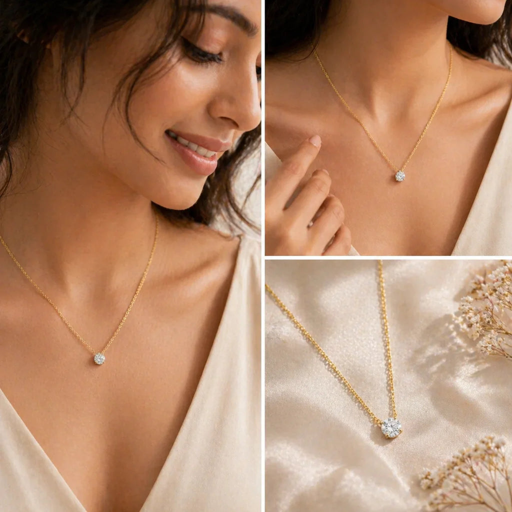 Elegant gold necklace with sparkling solitaire pendant, perfect for everyday luxury wear
