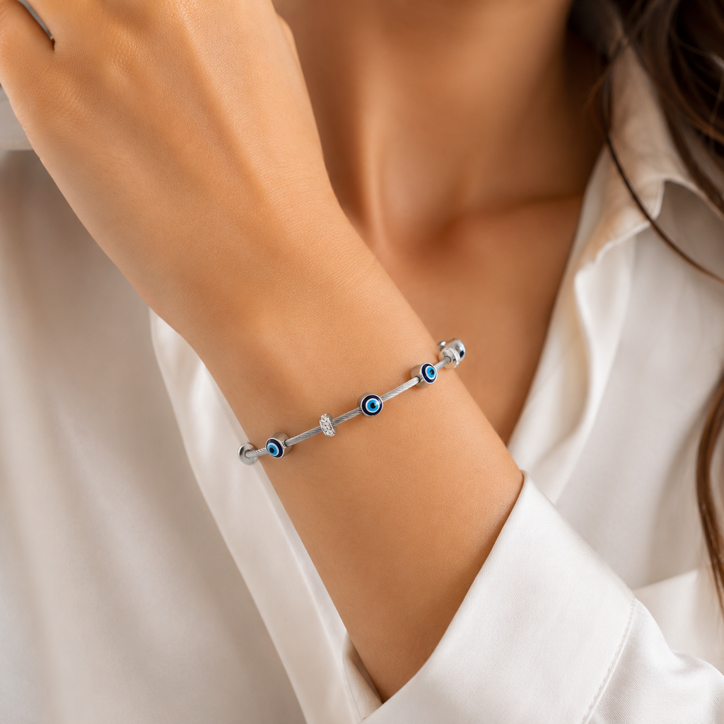 Silver evil eye bracelet with blue charms, anti-tarnish women's jewelry for everyday luxury