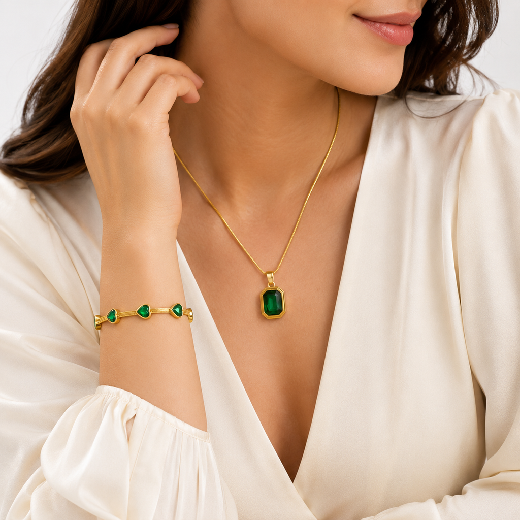 Emerald Green Pendant & Heart Bracelet Combo | 18K Gold Plated Anti-Tarnish Jewellery