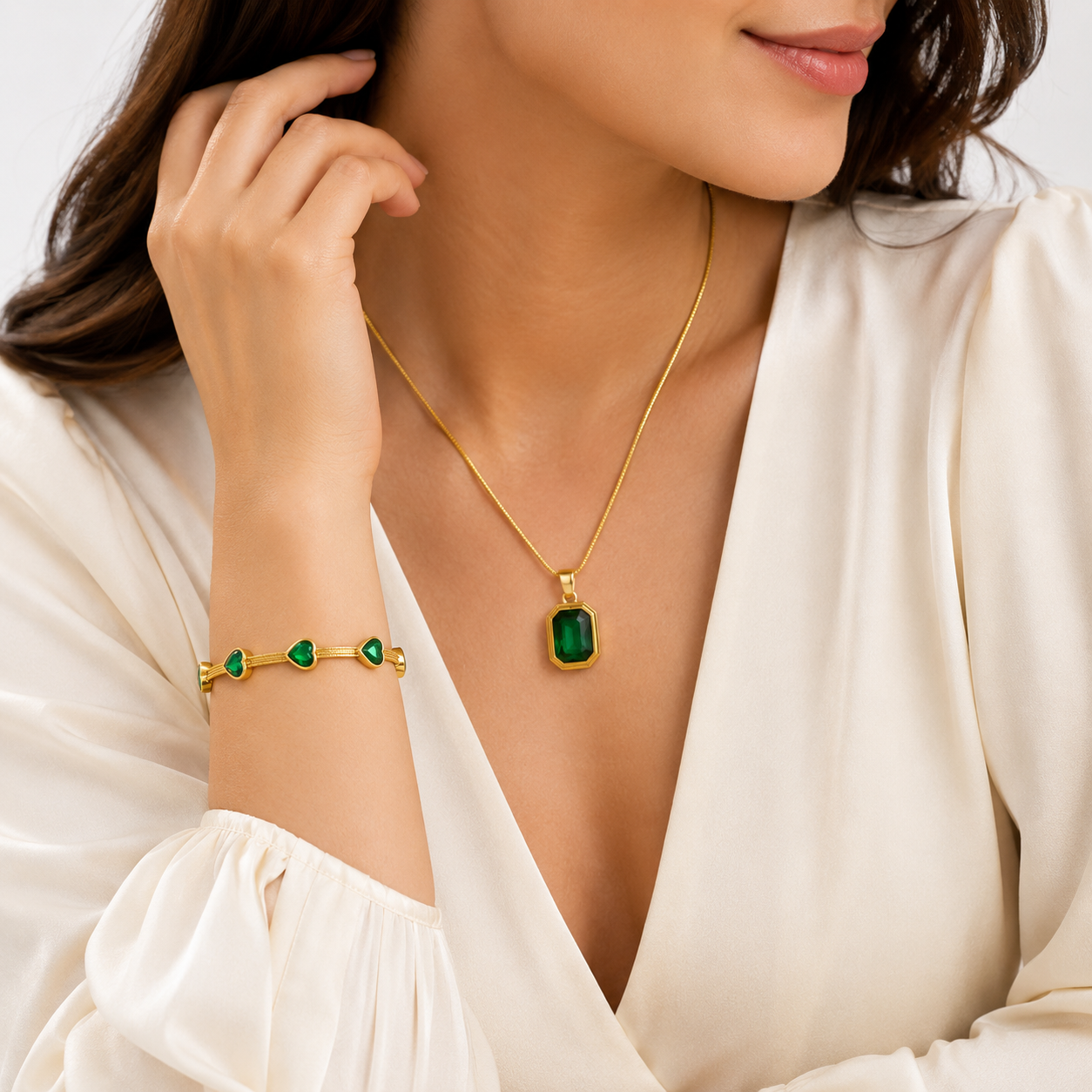 Emerald Green Pendant & Heart Bracelet Combo | 18K Gold Plated Anti-Tarnish Jewellery