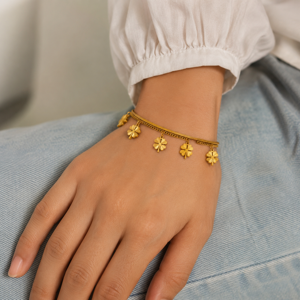 Gold Clover Charm Bracelet for Women – Adjustable Layered Lucky Bracelet
