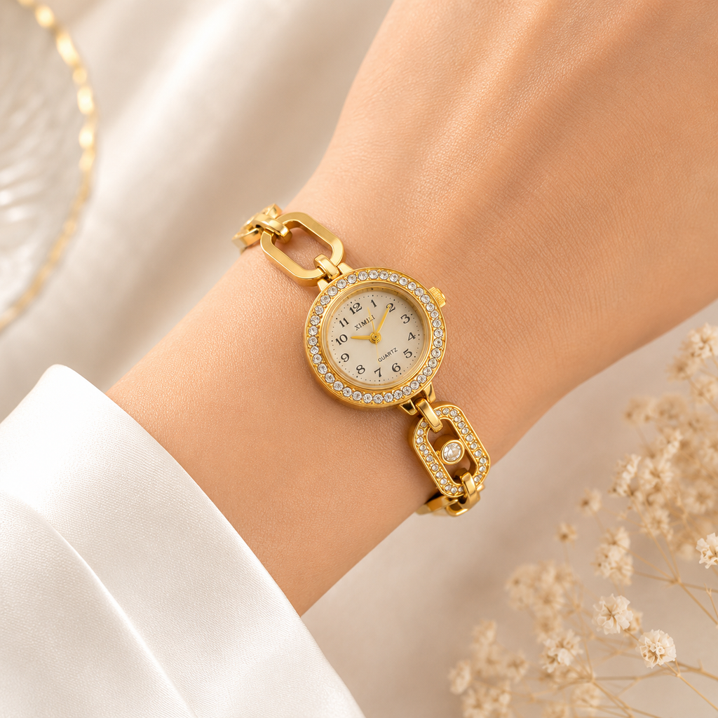 Women's Gold Quartz Watch – Crystal Bezel & Chain Link Strap