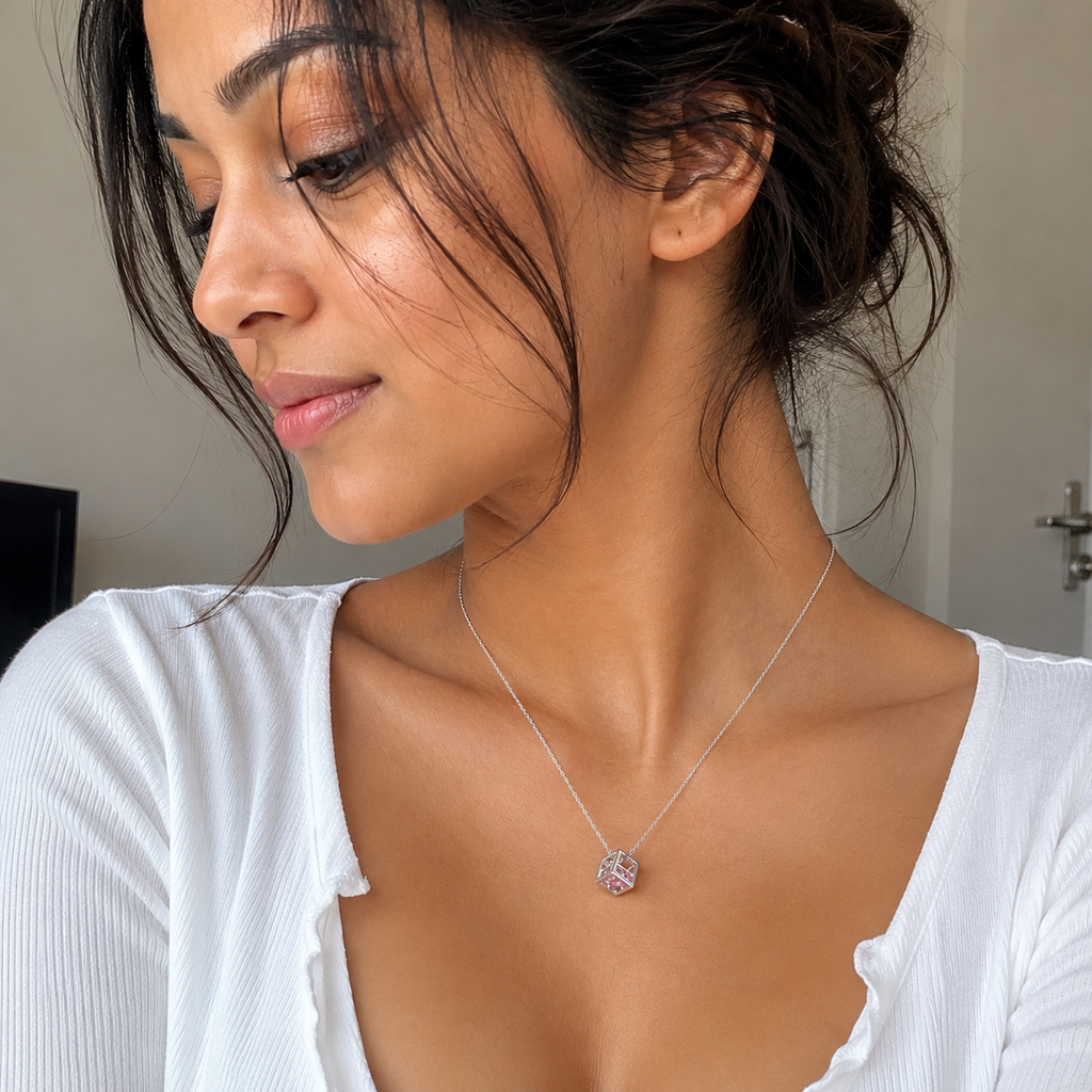 Pink Crystal Cube Pendant Necklace — Silver Geometric