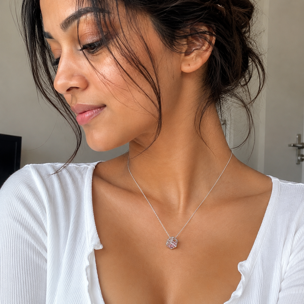 Pink Crystal Cube Pendant Necklace — Silver Geometric