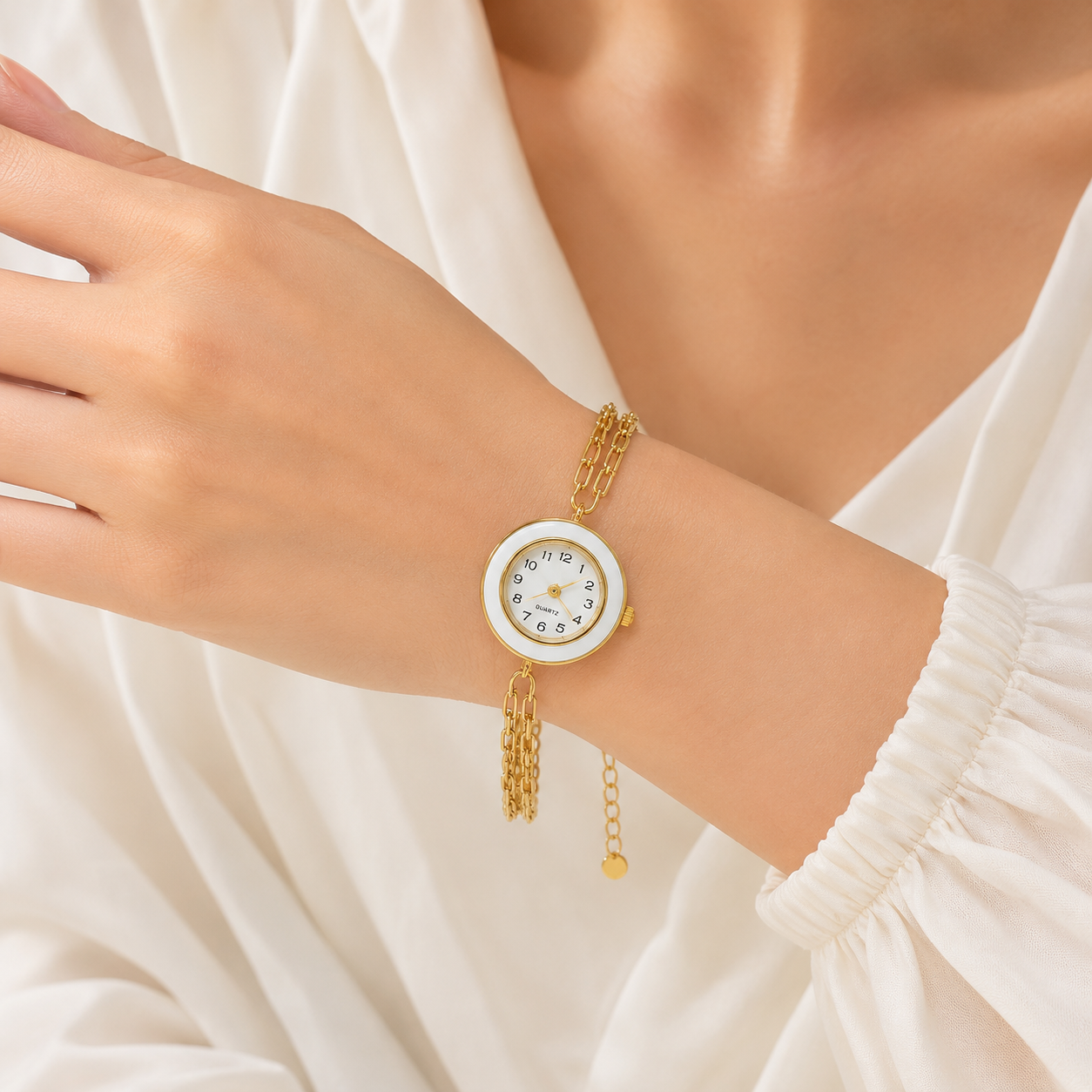 Women's Gold Quartz Watch – White Bezel & Triple Chain Bracelet