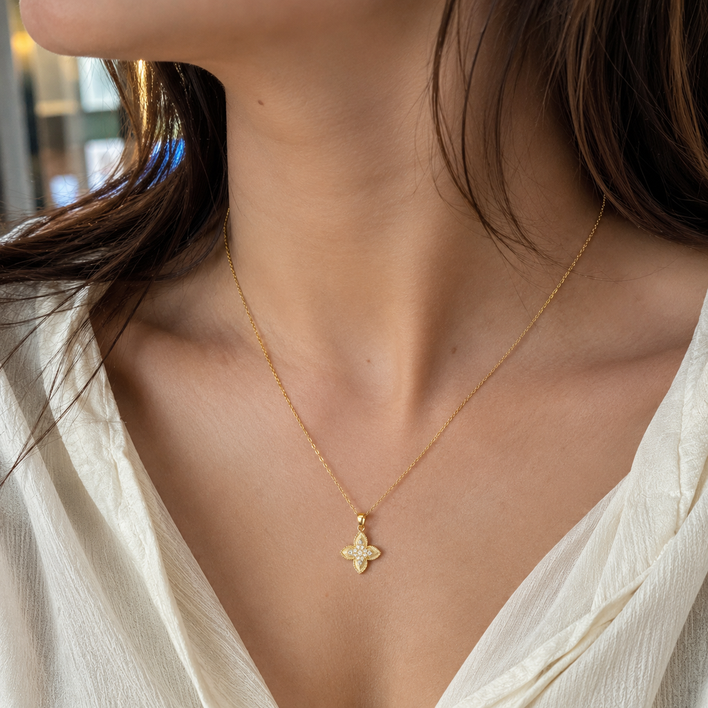18K Gold Plated Four-Leaf Flower Pendant Necklace with Crystal Stones
