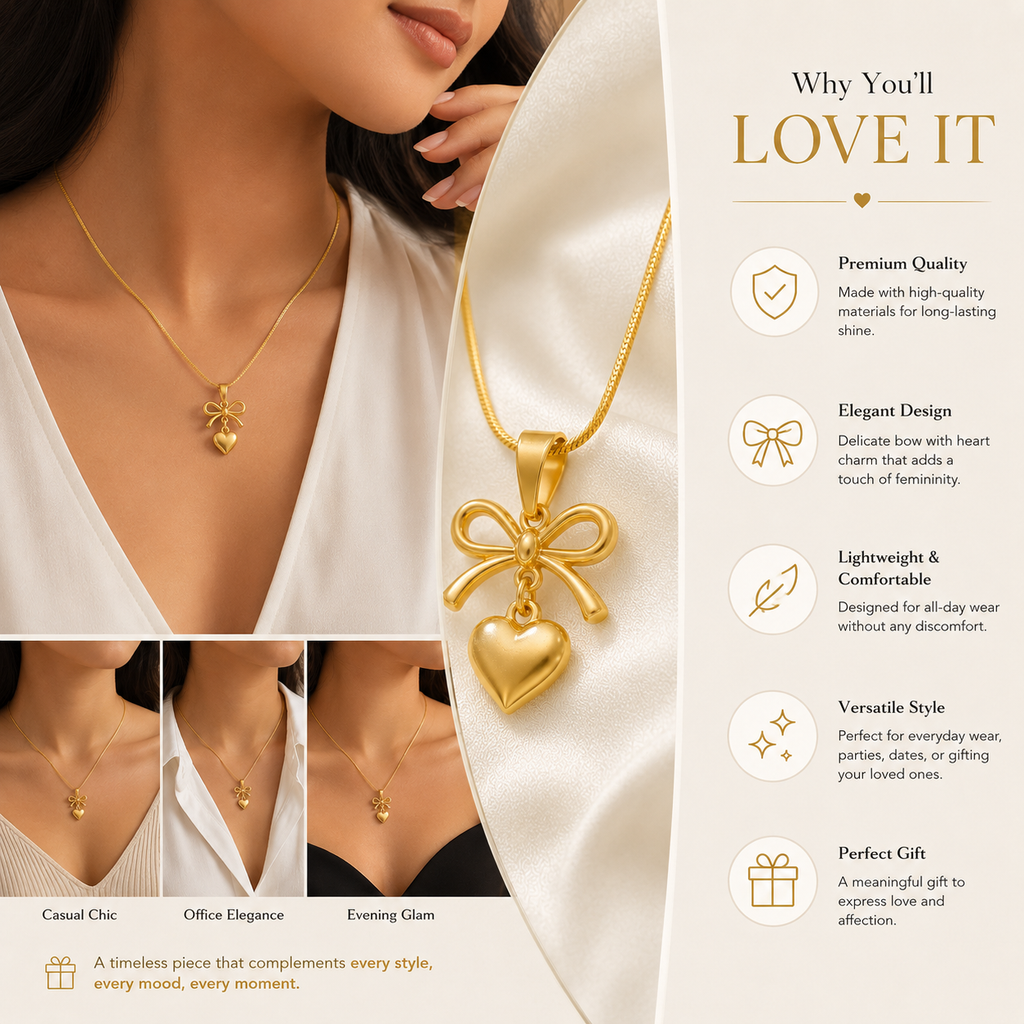 Gold bow and heart pendant necklace for women, elegant everyday jewelry with anti-tarnish finish
