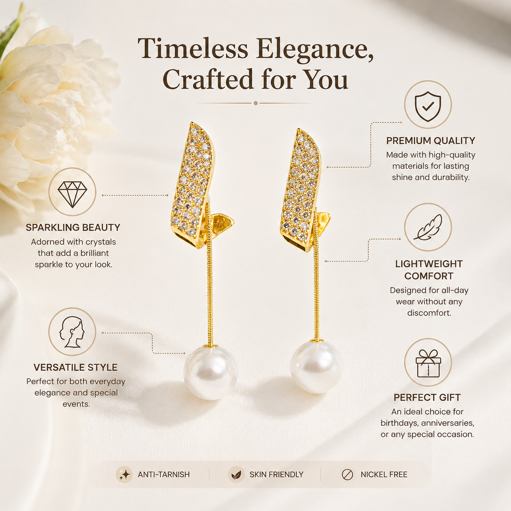 Gold crystal & pearl drop earrings, anti-tarnish, lightweight, perfect gift for women