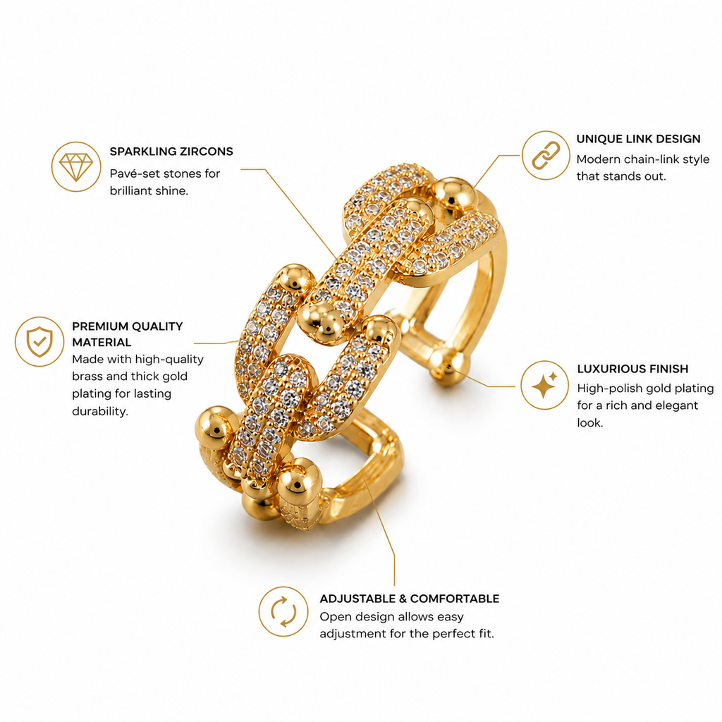 Gold-plated adjustable ring with sparkling zircons, unique chain-link design, luxurious finish