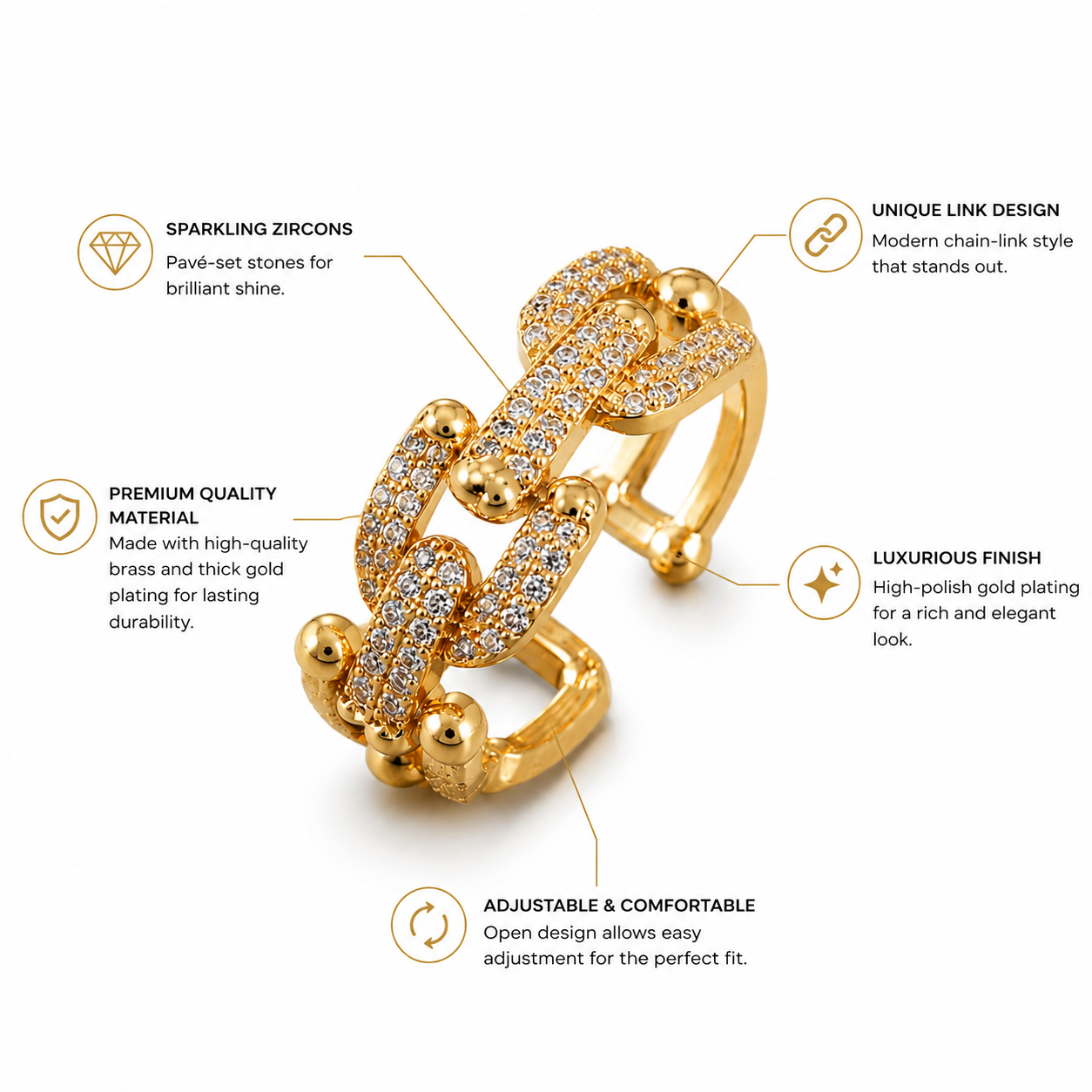 Gold-plated adjustable ring with sparkling zircons, unique chain-link design, luxurious finish