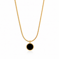 Gold snake chain necklace with black round pendant, anti-tarnish women's jewelry