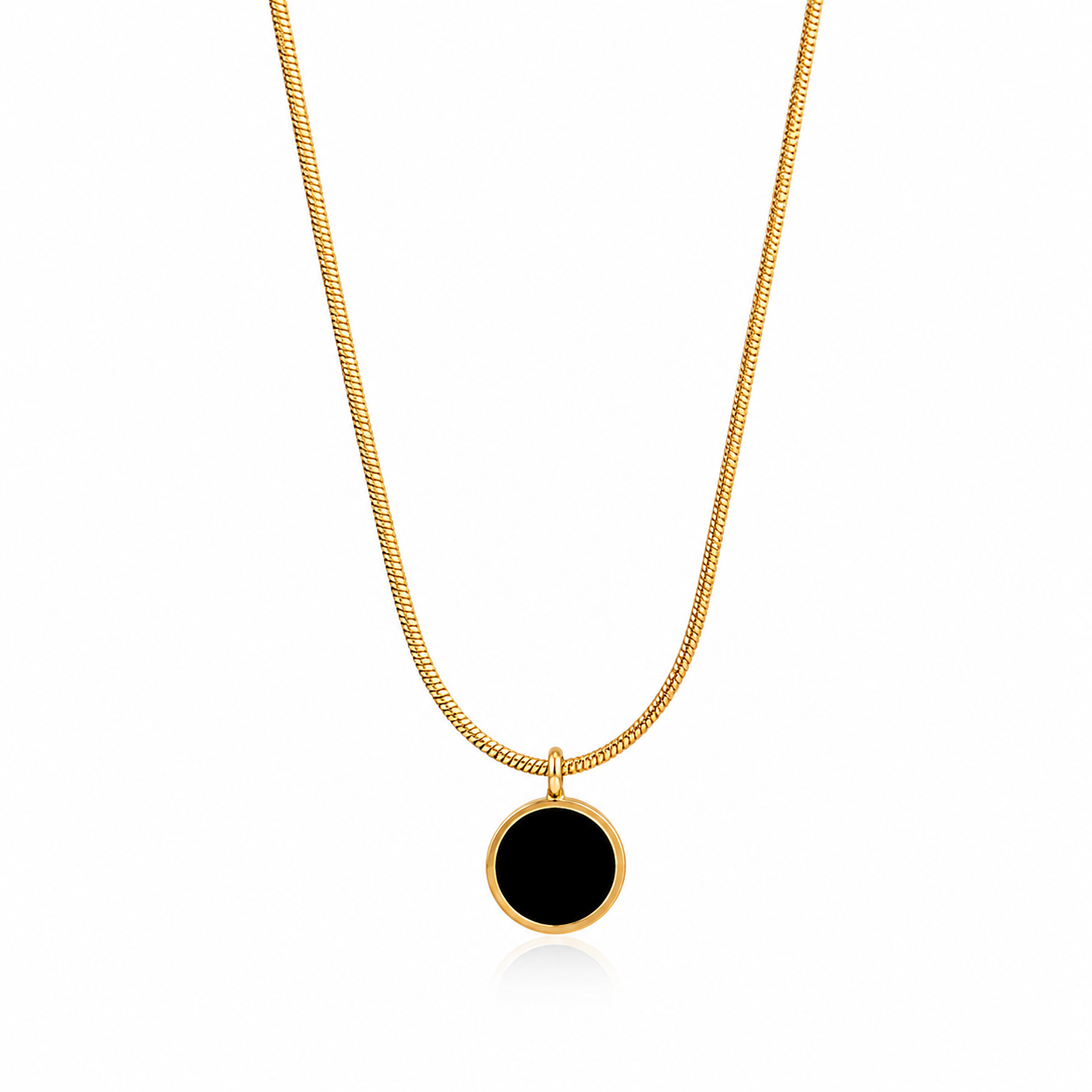 Gold snake chain necklace with black round pendant, anti-tarnish women's jewelry