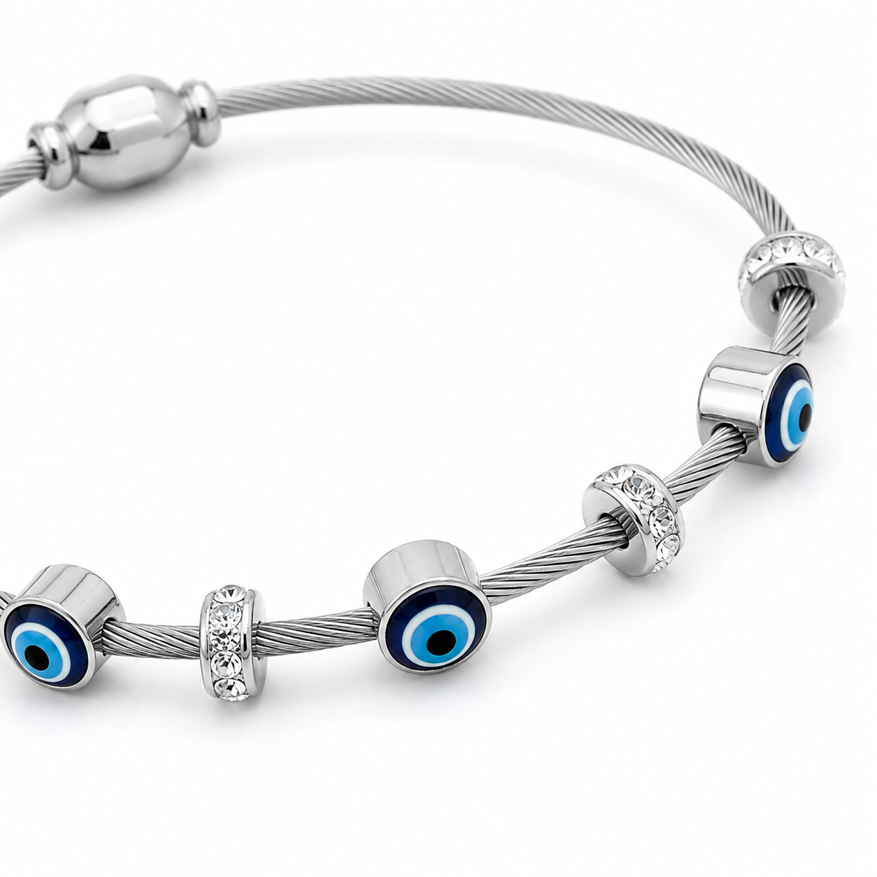 Silver cable bracelet with blue evil eye charms and crystal beads, anti-tarnish women's jewelry