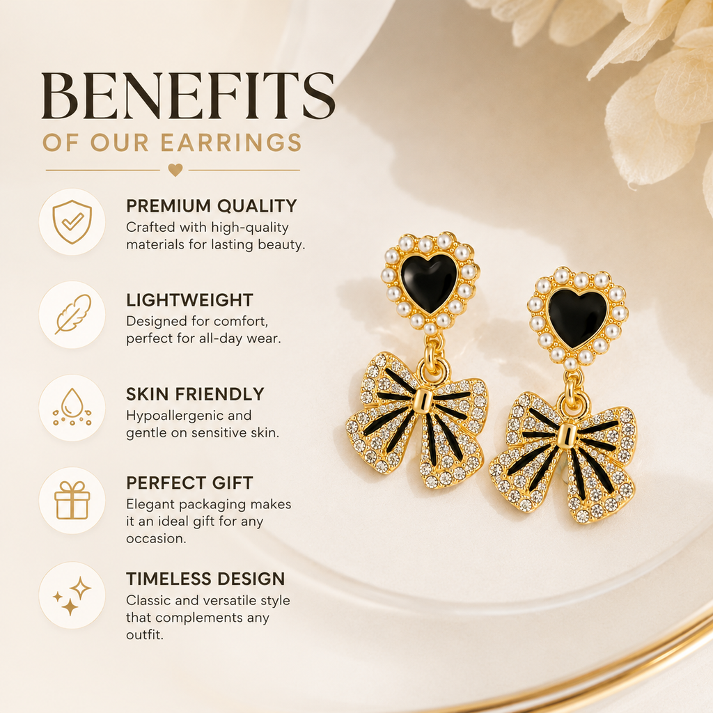 Gold heart and bow drop earrings with pearls and crystals, anti-tarnish, lightweight, skin-friendly