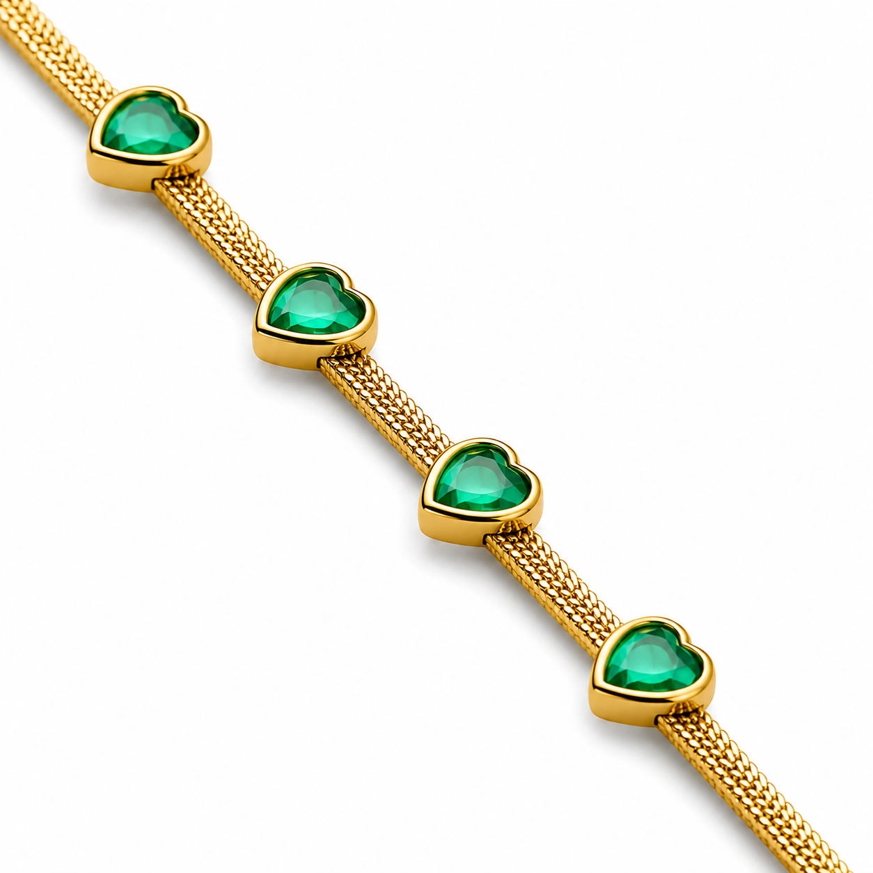 Gold mesh bracelet with green heart-shaped stones, anti-tarnish luxury jewelry for women