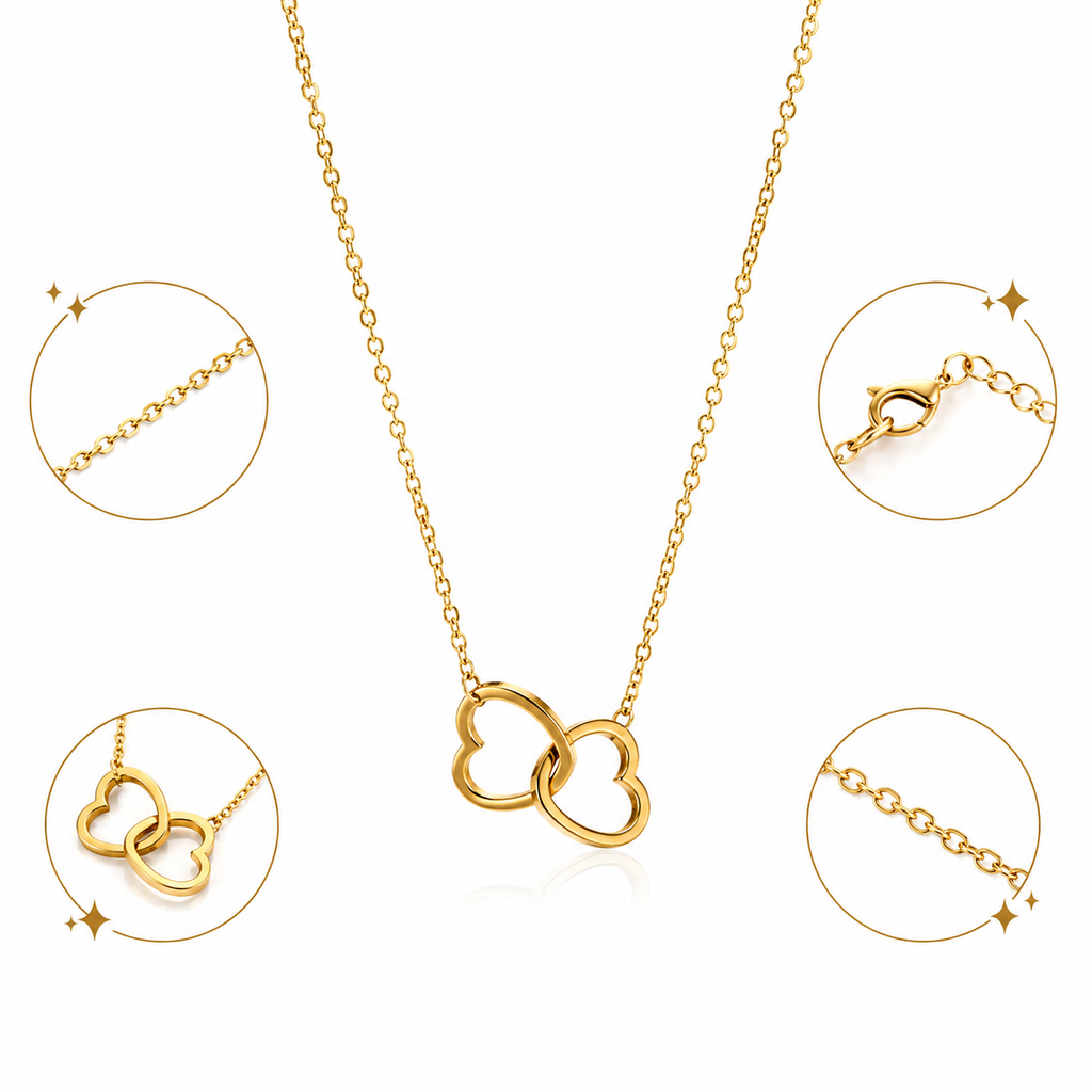 Gold double heart pendant necklace with anti-tarnish chain and lobster clasp, elegant women's jewelry