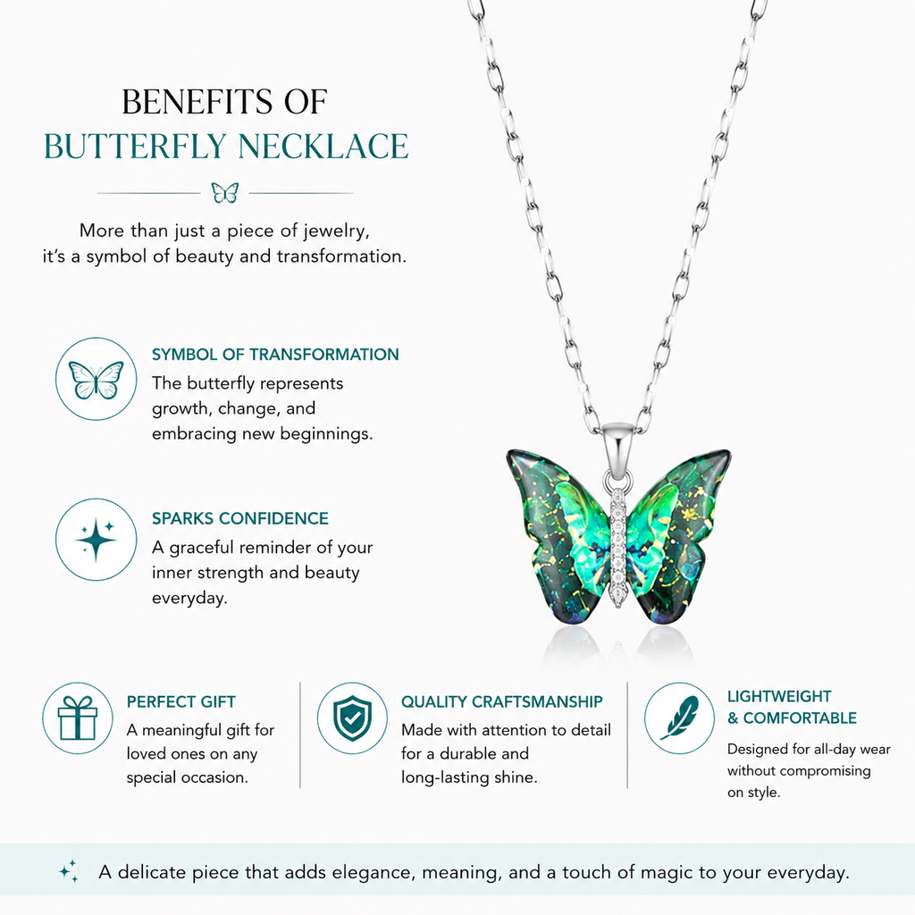 Elegant butterfly necklace with green opal wings, symbolizing transformation and confidence, perfect gift for women.