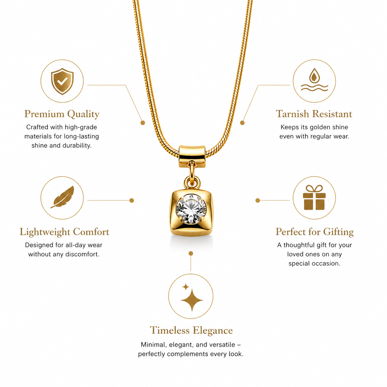 Gold square pendant necklace with crystal, tarnish-resistant & lightweight for everyday elegance