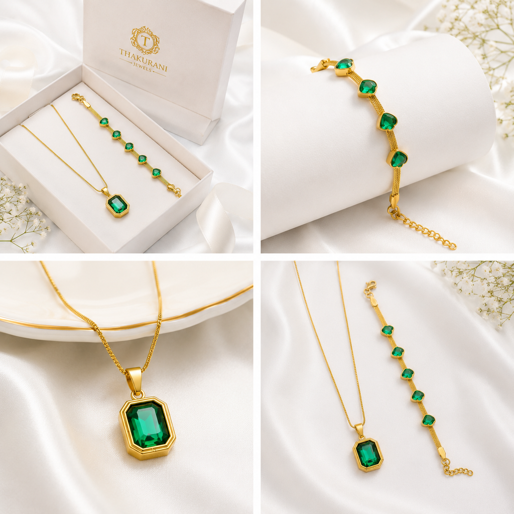 Emerald Green Pendant & Heart Bracelet Combo | 18K Gold Plated Anti-Tarnish Jewellery