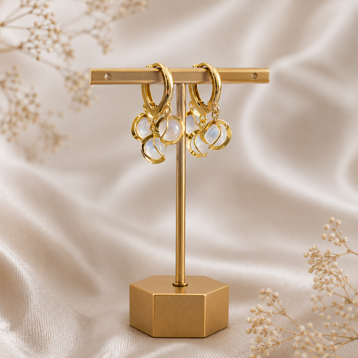 Gold hoop earrings with moonstone drops, anti-tarnish luxury jewelry for women