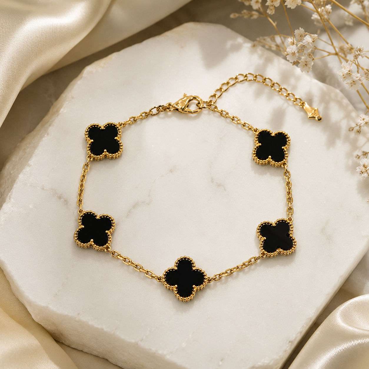 Gold chain bracelet with black clover charms, anti-tarnish luxury jewelry for women