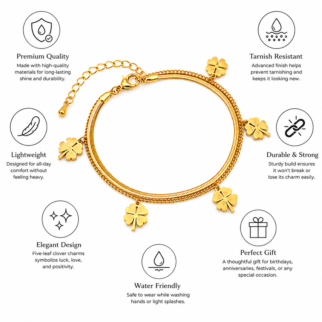 Gold Clover Charm Bracelet for Women – Adjustable Layered Lucky Bracelet