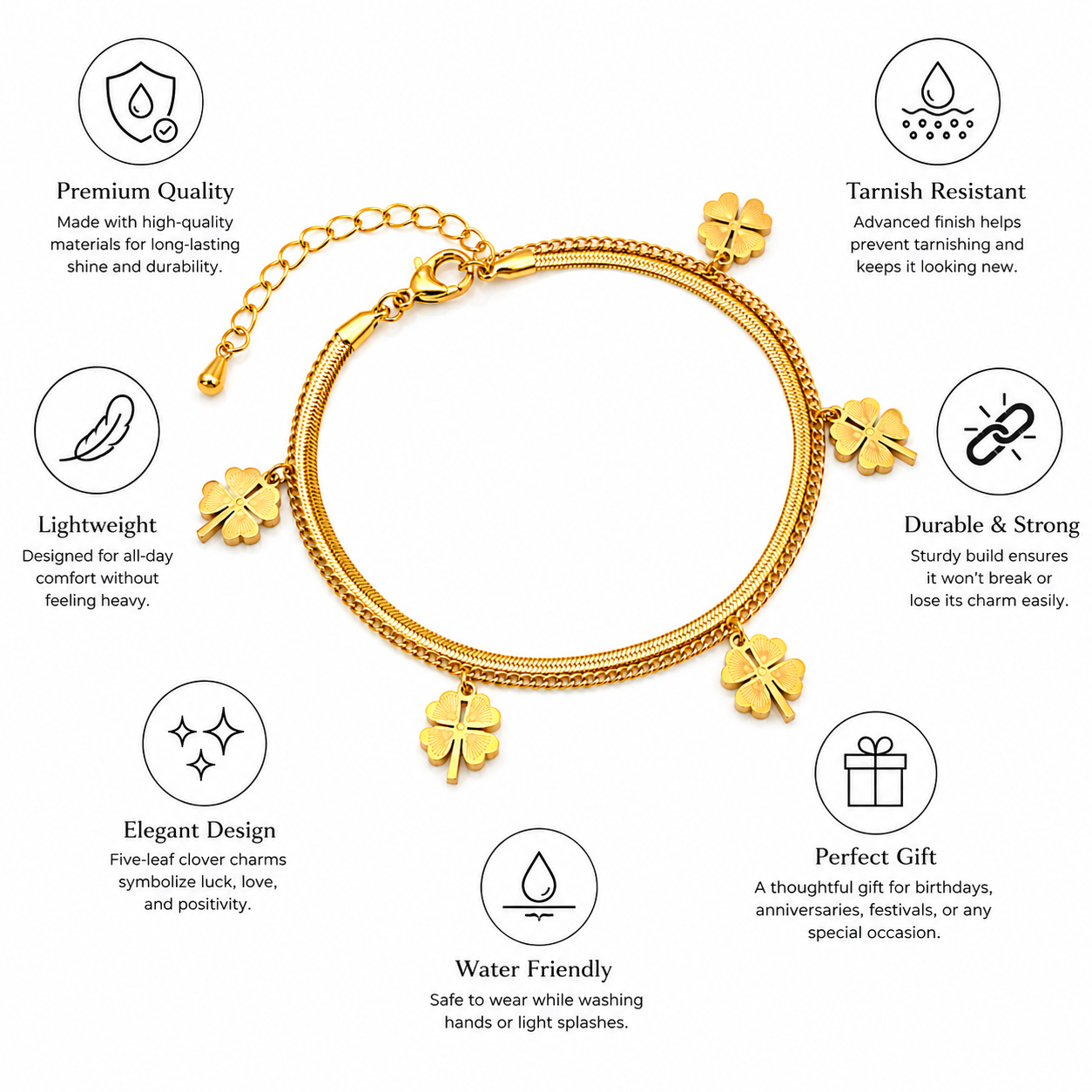 Gold Clover Charm Bracelet for Women – Adjustable Layered Lucky Bracelet
