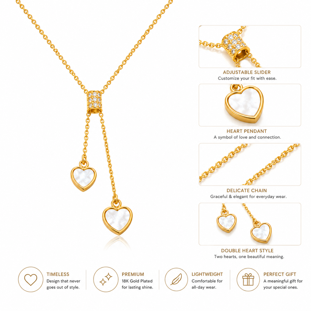 Double Heart Lariat Necklace — 18k Gold Mother of Pearl