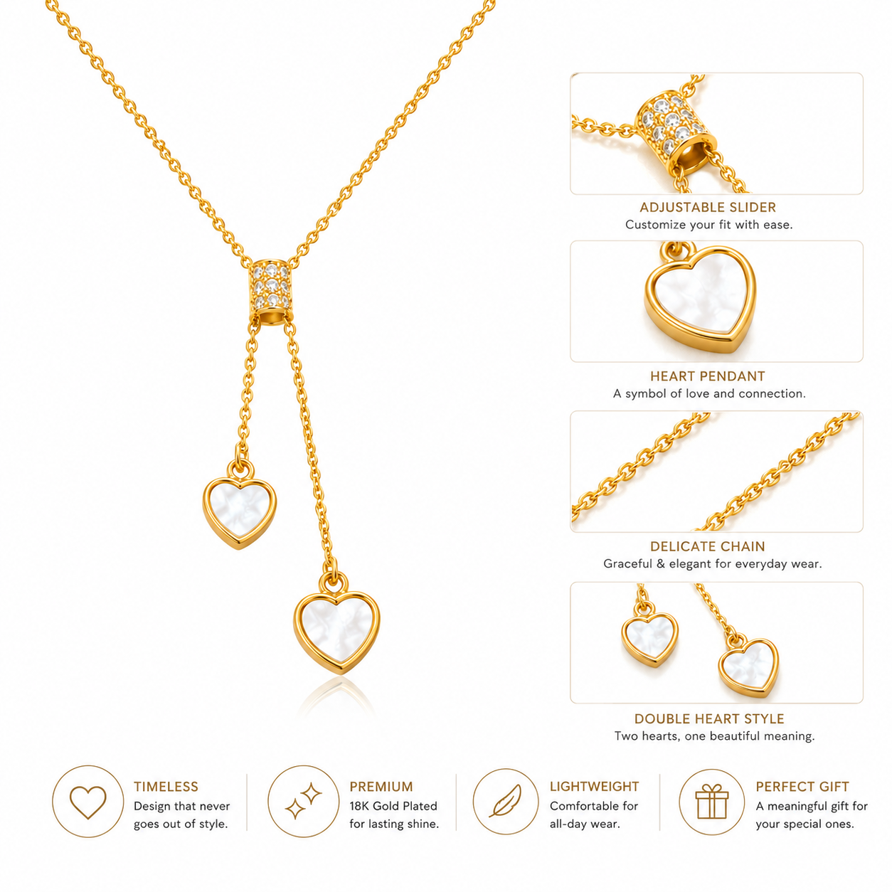 Double Heart Lariat Necklace — 18k Gold Mother of Pearl
