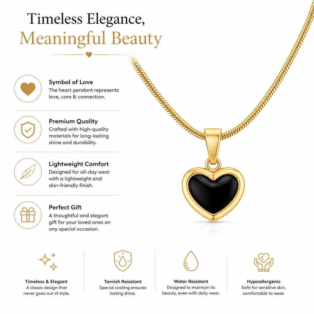 Black Onyx Heart Necklace — 18k Gold Snake Chain