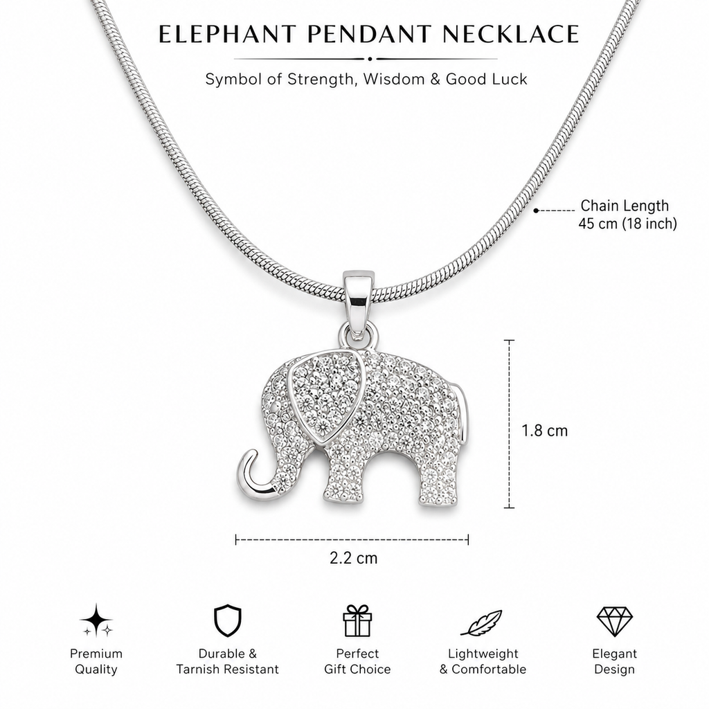 Crystal Rhinestone Elephant Pendant Necklace – Silver Lucky Charm Snake Chain