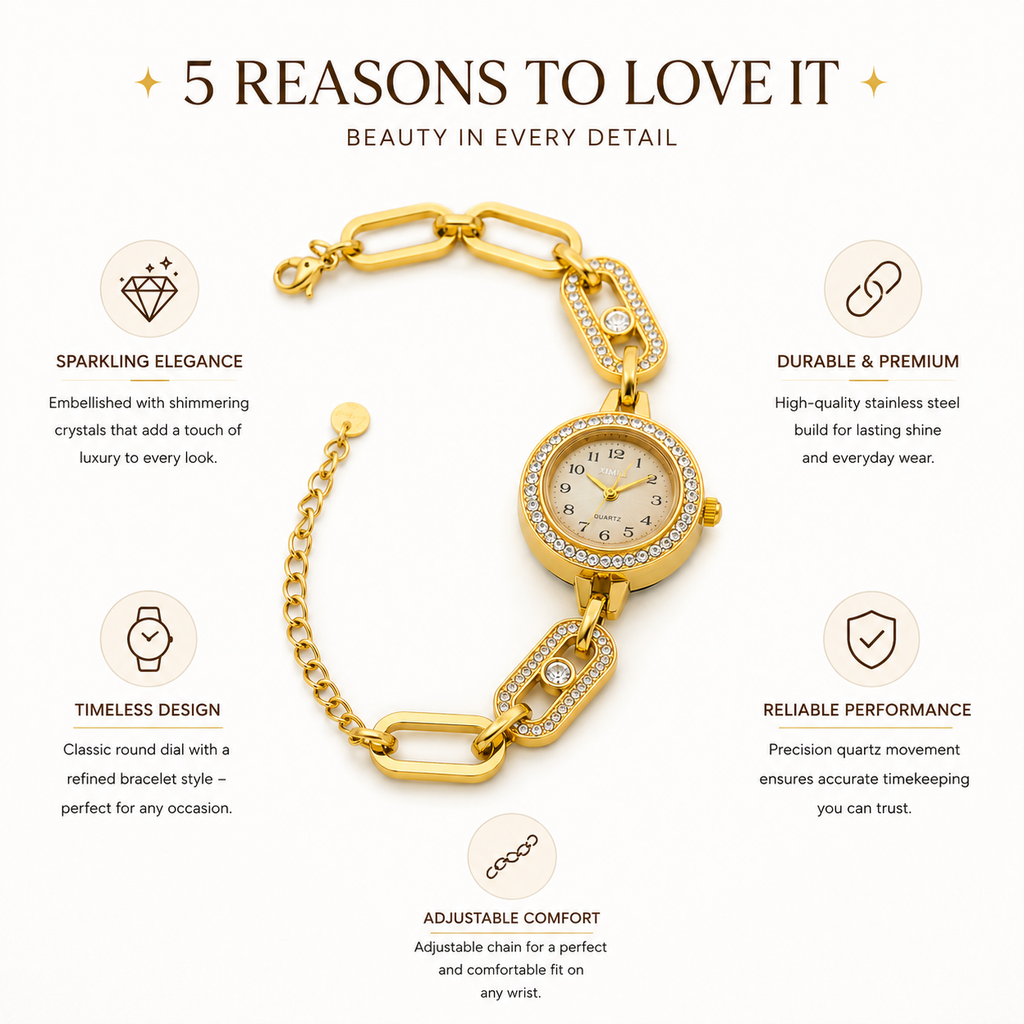 Women's Gold Quartz Watch – Crystal Bezel & Chain Link Strap