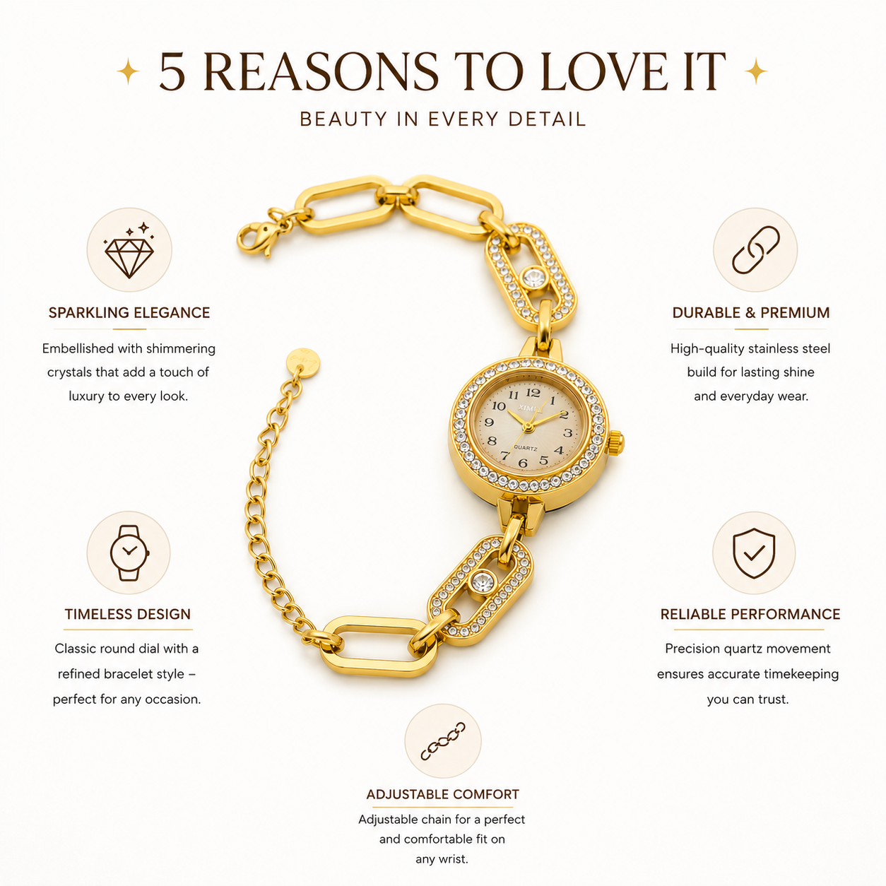Women's Gold Quartz Watch – Crystal Bezel & Chain Link Strap
