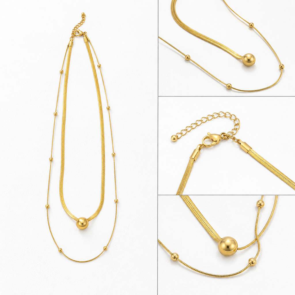 Gold Layered Ball Pendant Necklace | Herringbone & Satellite Chain | Women's Gift Jewellery