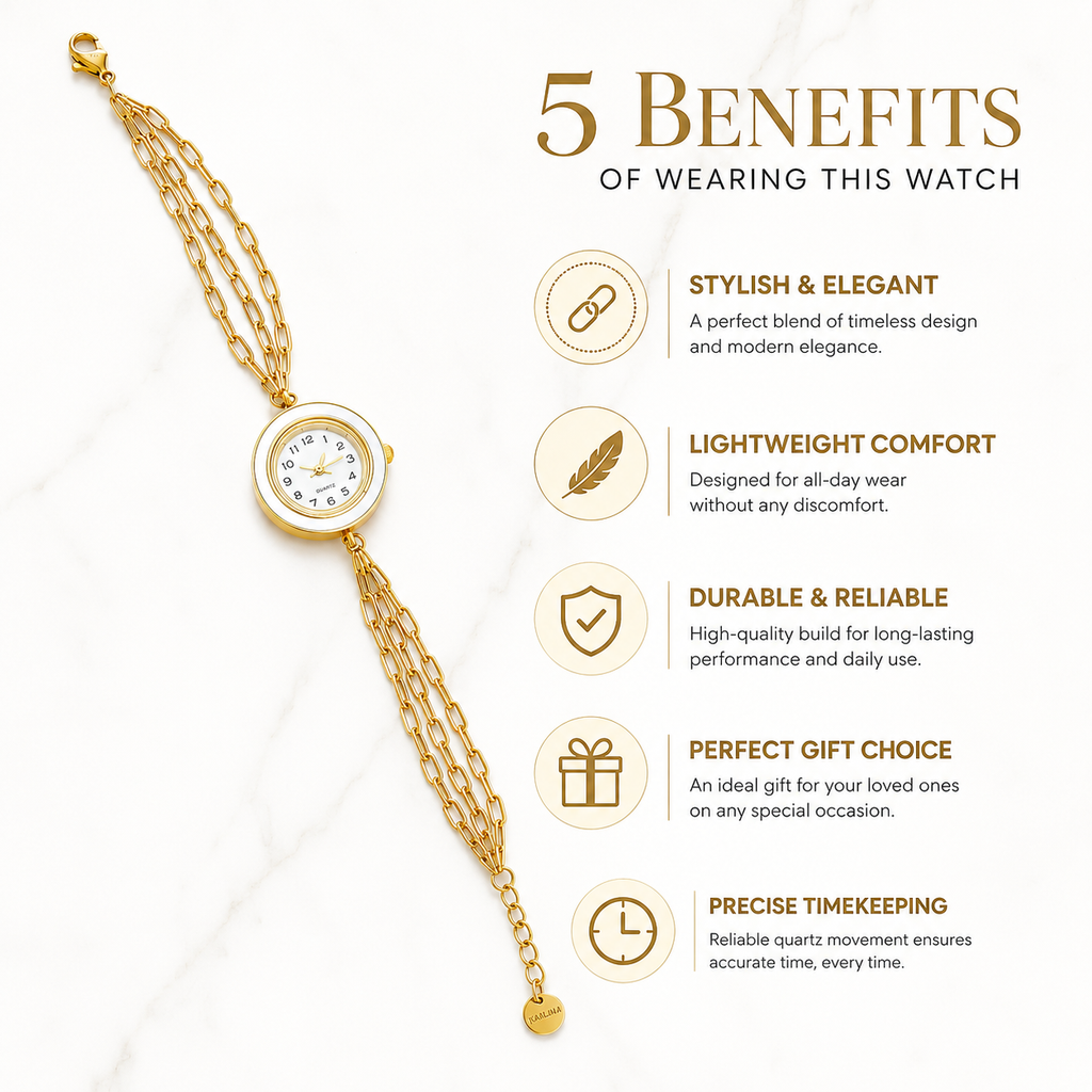 Women's Gold Quartz Watch – White Bezel & Triple Chain Bracelet