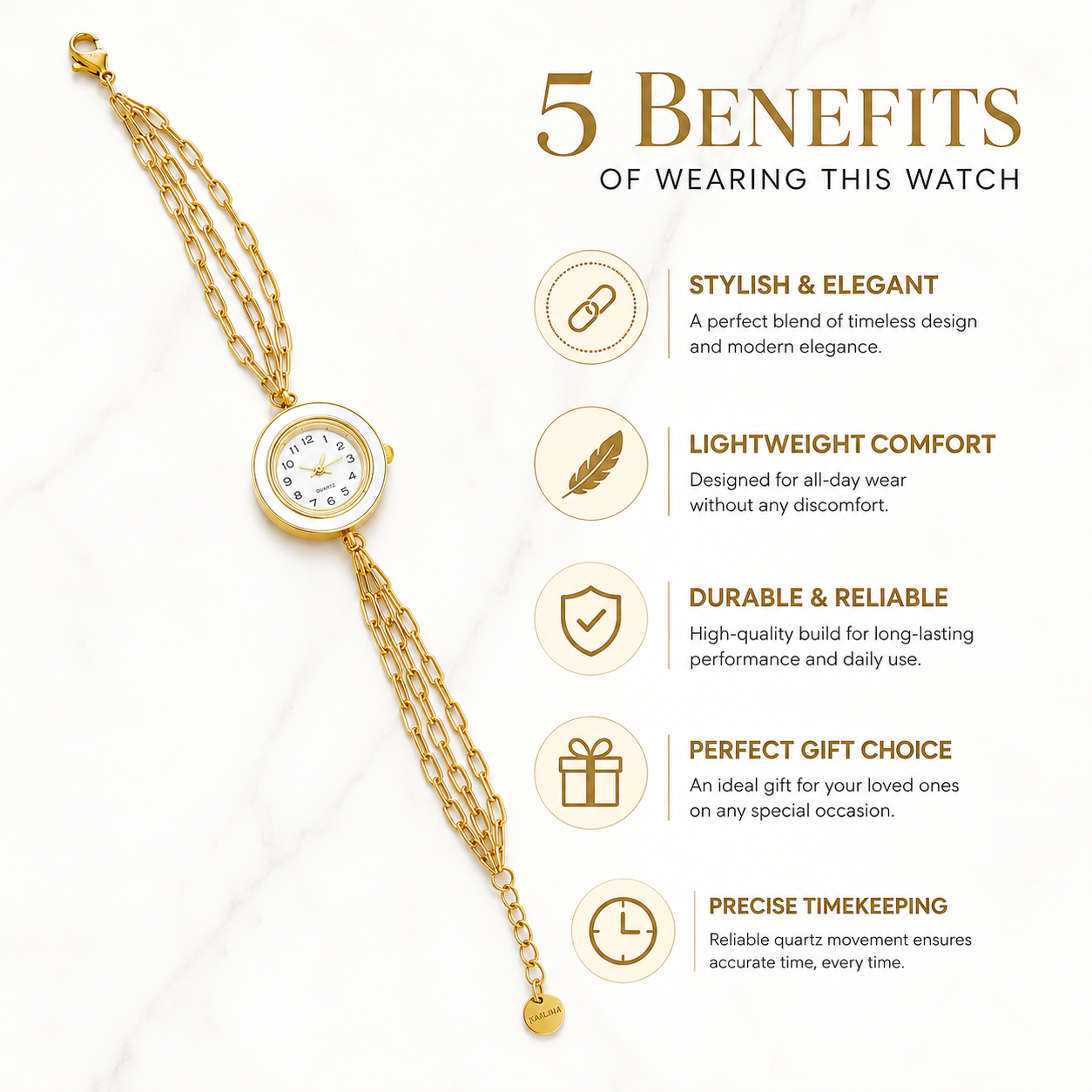 Women's Gold Quartz Watch – White Bezel & Triple Chain Bracelet