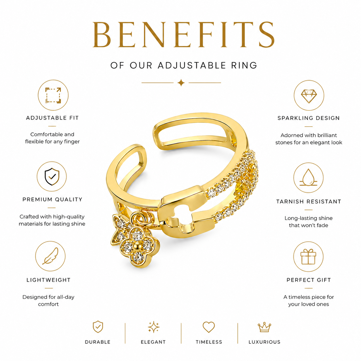 Adjustable gold ring with sparkling stones, tarnish-resistant & elegant for everyday wear