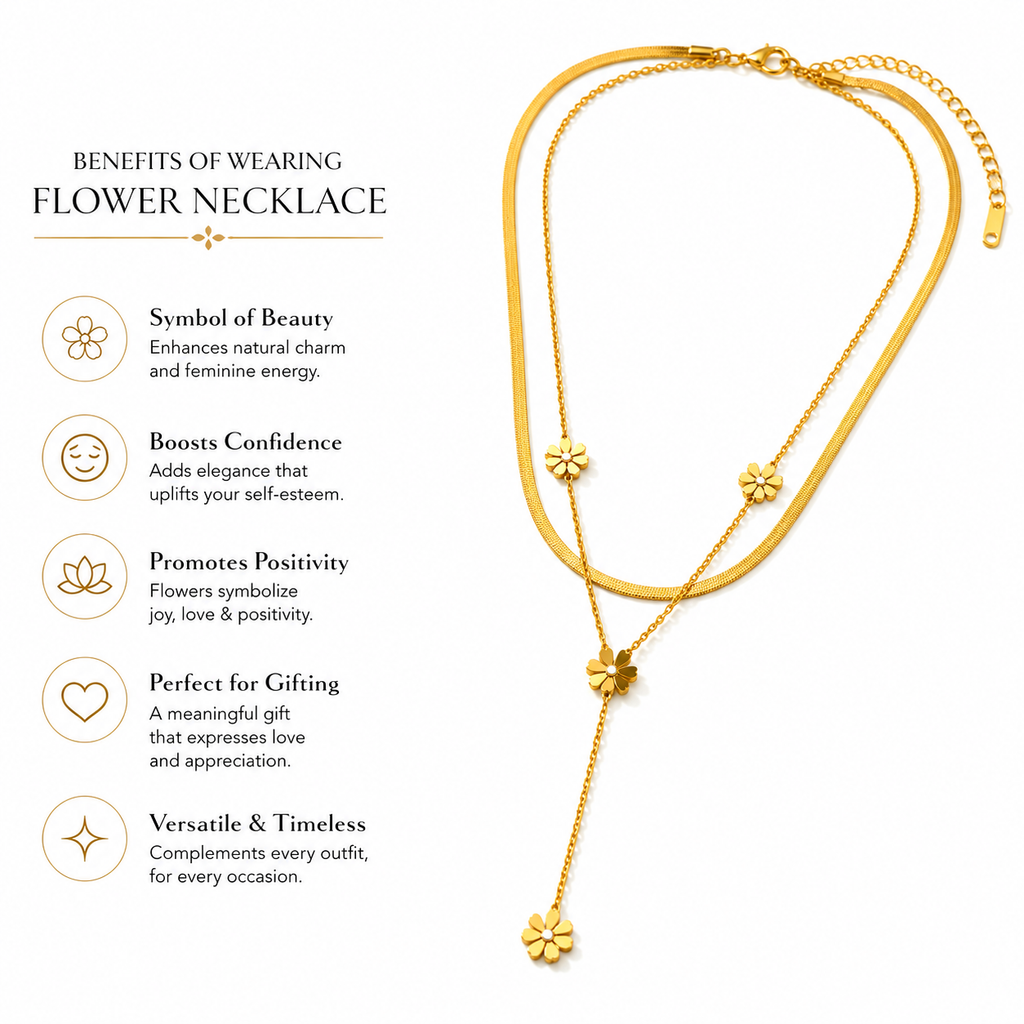 Golden Floral Layered Lariat Necklace for Women | Elegant Multi-Layer Pendant Chain
