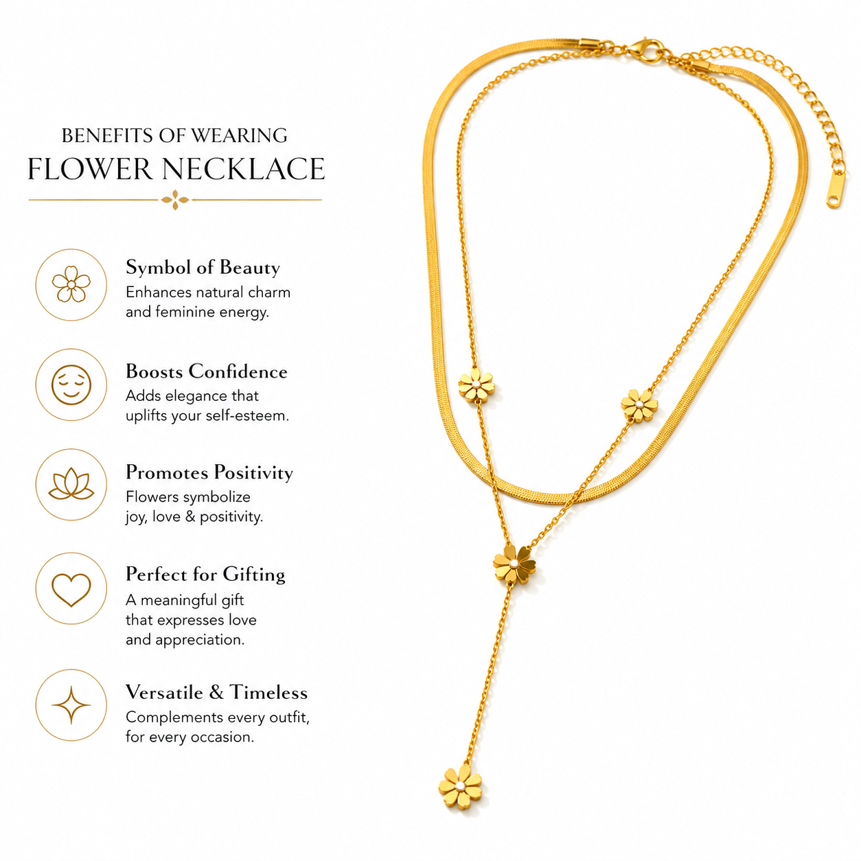Golden Floral Layered Lariat Necklace for Women | Elegant Multi-Layer Pendant Chain