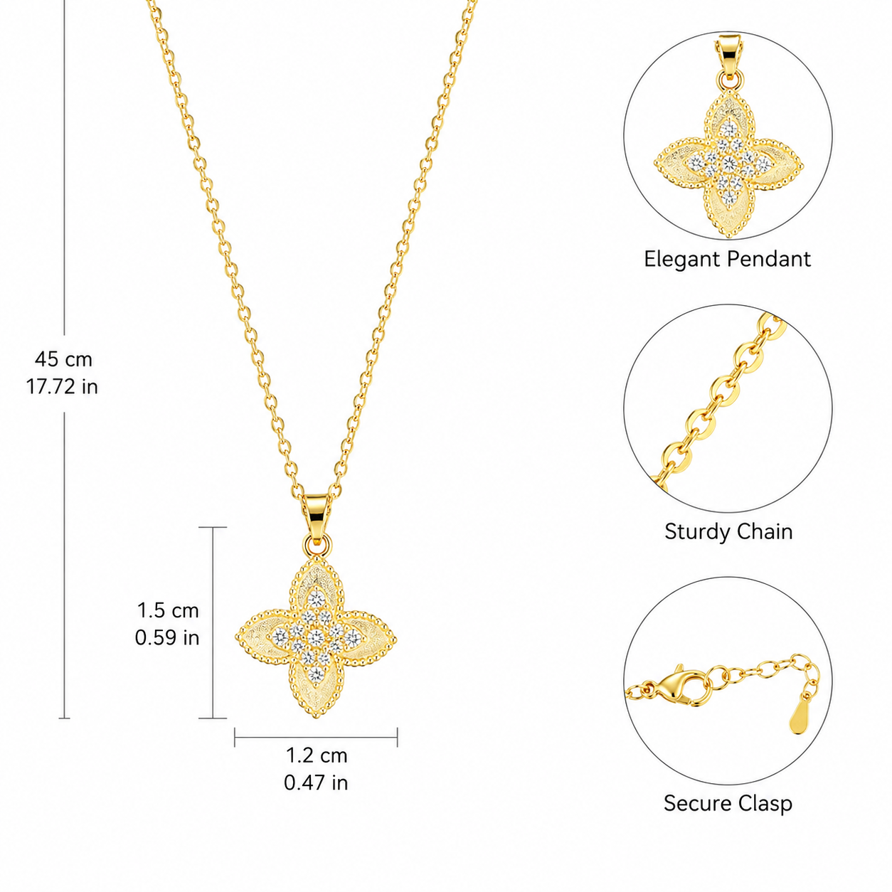 18K Gold Plated Four-Leaf Flower Pendant Necklace with Crystal Stones