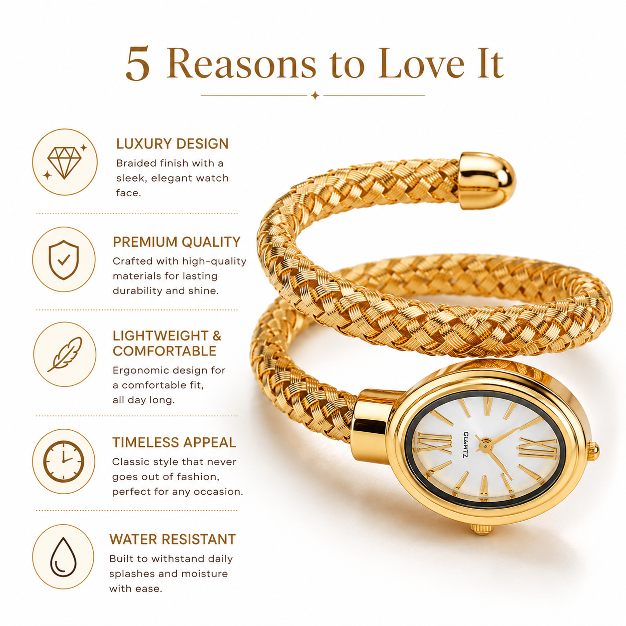 Gold Braided Wrap Watch for Women | Oval Dial Quartz Bangle Wristwatch