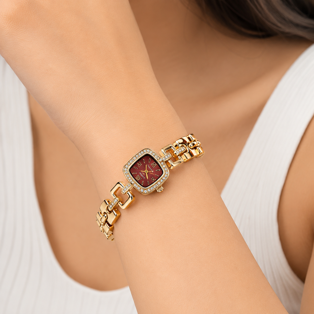 Women's Gold-Tone Bracelet Watch with Crystal Bezel & Burgundy Dial