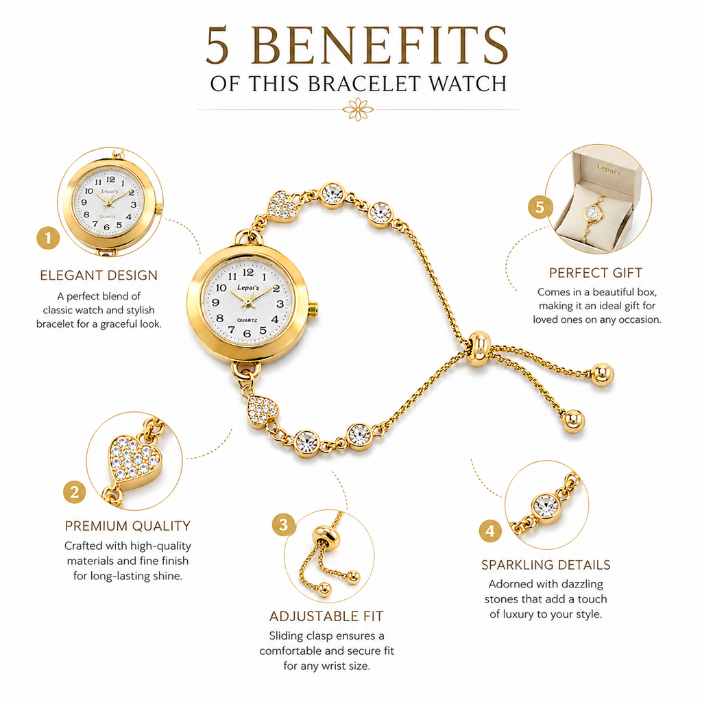 Lepai's Women's Gold Quartz Watch – Heart Crystal Bolo Bracelet