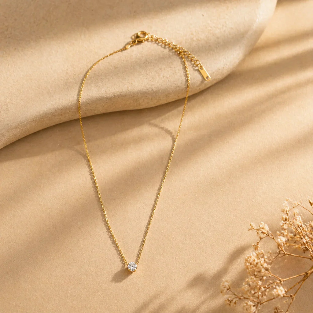 Delicate gold necklace with single crystal pendant, anti-tarnish everyday luxury jewelry for women