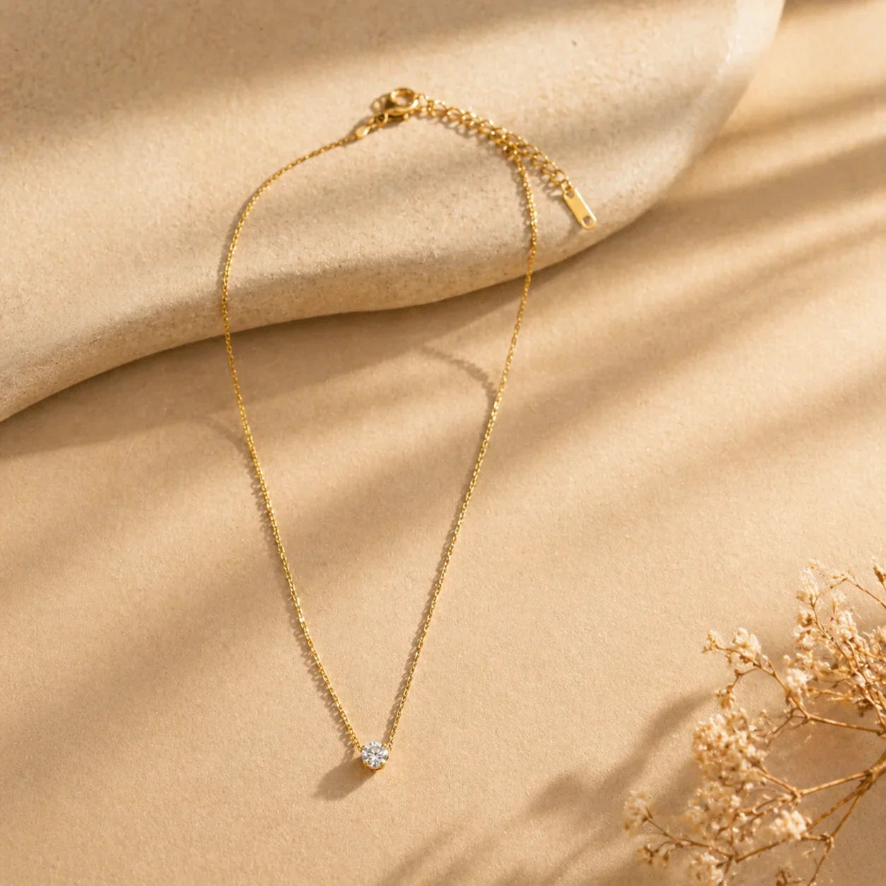 Delicate gold necklace with single crystal pendant, anti-tarnish everyday luxury jewelry for women