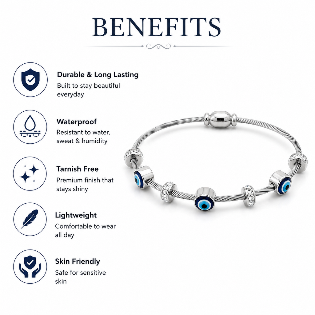 Tarnish-free evil eye bracelet with waterproof, lightweight, skin-friendly benefits for everyday wear