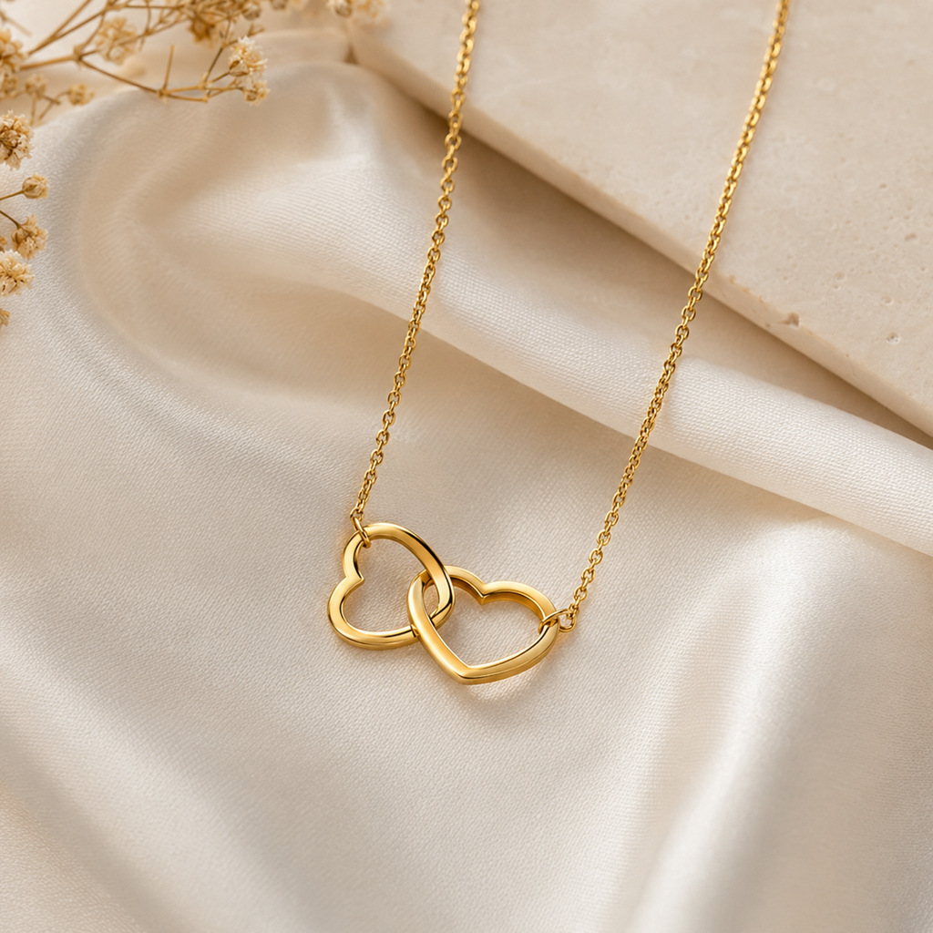 Gold double heart necklace on silk, anti-tarnish luxury jewelry for women